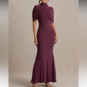 Club L London Burgundy Twist Cape Evening Gown